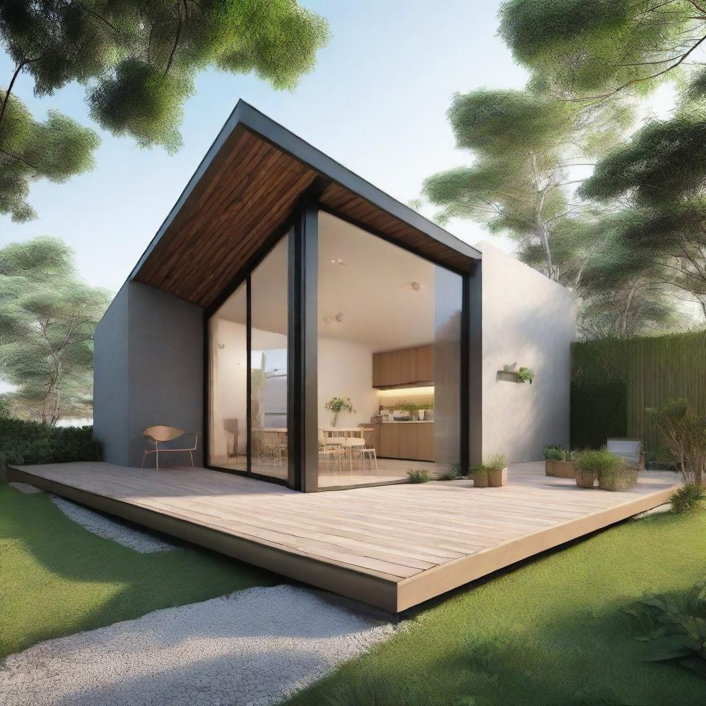 A single-story house on a 100 square meter land, featuring a mezzanine workspace, a kitchen, two bathrooms, a laundry drying room, with excellent ventilation and lighting