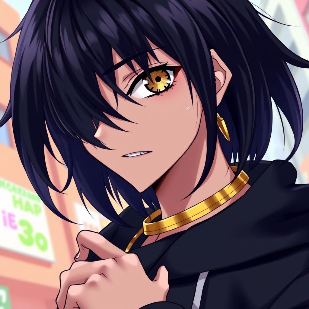 A tall emo male character in anime style, featuring long black hair that partially covers one eye