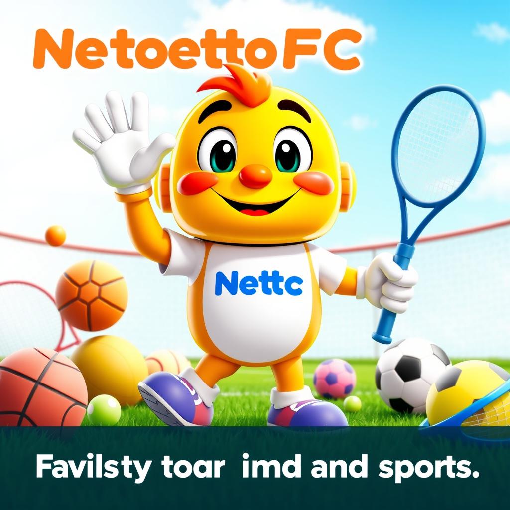 A vibrant and energetic scene featuring NettoOFC, an animated mascot that embodies a friendly and playful spirit