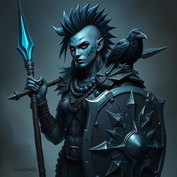 A fierce female Shadar-kai warrior with striking grey skin, adorned with glowing blue war paint that highlights her powerful features