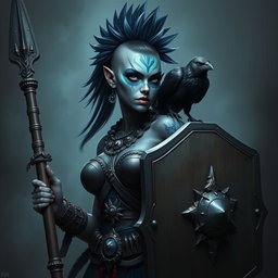 A fierce female Shadar-kai warrior with striking grey skin, adorned with glowing blue war paint that highlights her powerful features