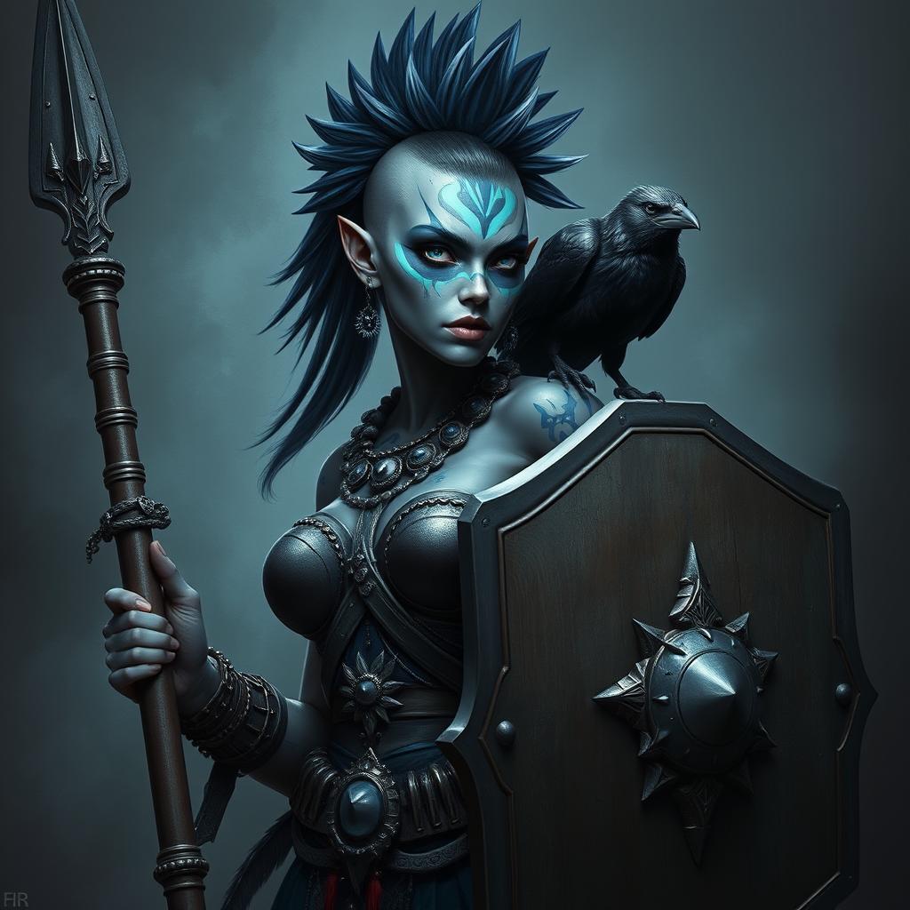 A fierce female Shadar-kai warrior with striking grey skin, adorned with glowing blue war paint that highlights her powerful features