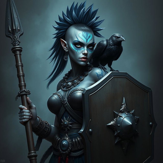 A fierce female Shadar-kai warrior with striking grey skin, adorned with glowing blue war paint that highlights her powerful features