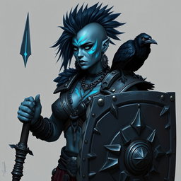 A fierce female Shadar-kai warrior with striking grey skin, adorned with glowing blue war paint that highlights her powerful features