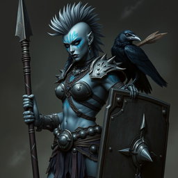 A fierce female Shadar-kai warrior with striking grey skin, adorned with glowing blue war paint that highlights her powerful features