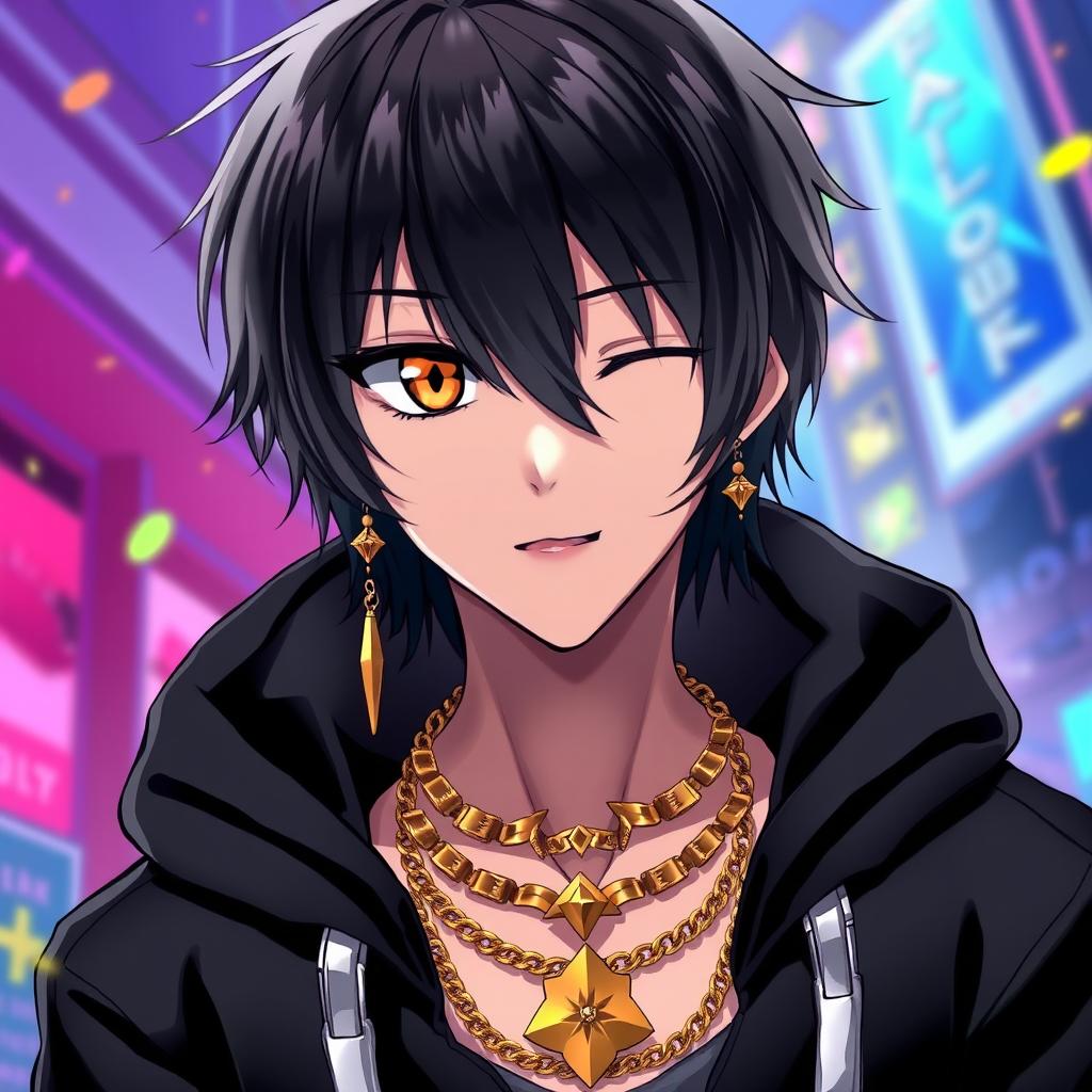 A tall emo male character in anime style, featuring medium-length black hair that partially covers one eye