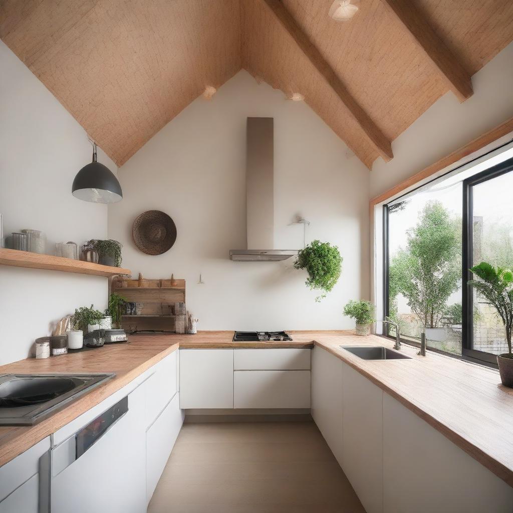 A single-story house on a 100 square meter land, featuring a mezzanine workspace, a kitchen, two bathrooms, a laundry drying room, with excellent ventilation and lighting