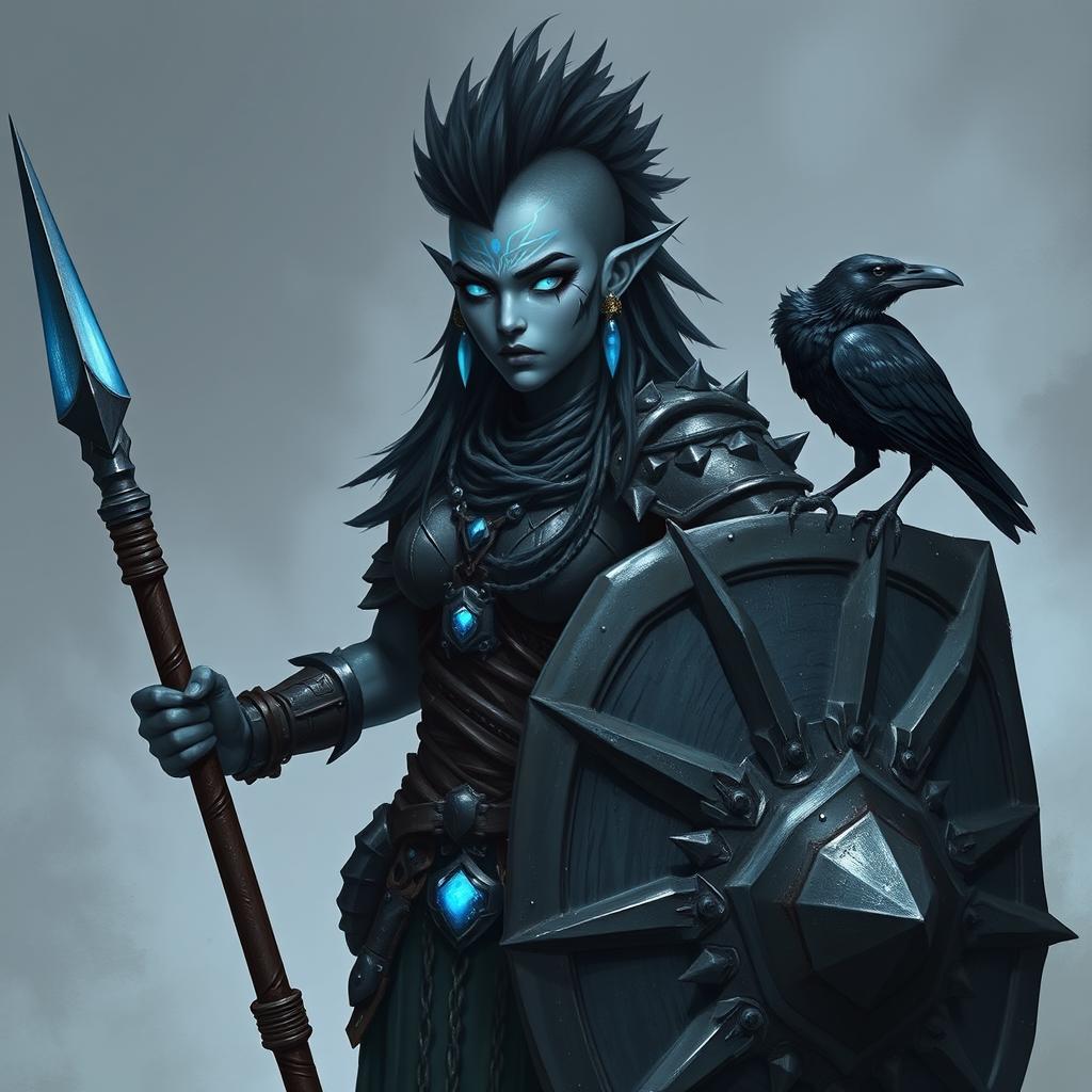 A powerful female Shadar-kai warrior with striking grey skin and luminous eyes that shimmer with intensity