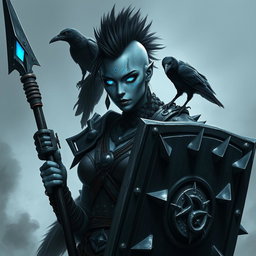 A powerful female Shadar-kai warrior with striking grey skin and luminous eyes that shimmer with intensity