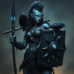 A powerful female Shadar-kai warrior with striking grey skin and luminous eyes that shimmer with intensity