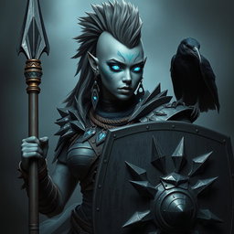 A powerful female Shadar-kai warrior with striking grey skin and luminous eyes that shimmer with intensity