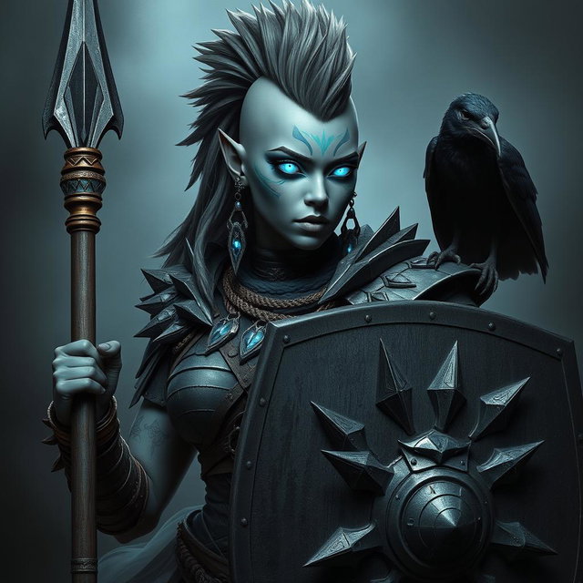 A powerful female Shadar-kai warrior with striking grey skin and luminous eyes that shimmer with intensity