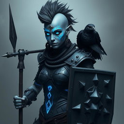A striking female Shadar-kai warrior characterized by her distinctive grey skin and luminous eyes that gleam with intensity