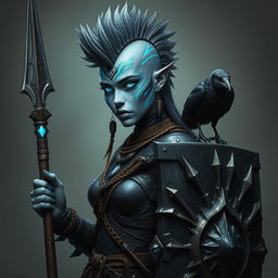 A striking female Shadar-kai warrior characterized by her distinctive grey skin and luminous eyes that gleam with intensity