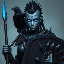 A striking female Shadar-kai warrior characterized by her distinctive grey skin and luminous eyes that gleam with intensity