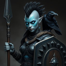 A striking female Shadar-kai warrior characterized by her distinctive grey skin and luminous eyes that gleam with intensity