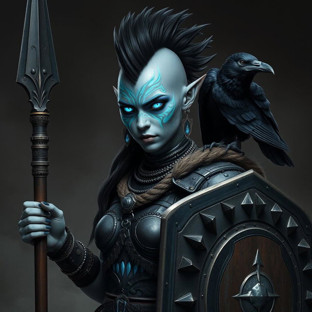 A striking female Shadar-kai warrior characterized by her distinctive grey skin and luminous eyes that gleam with intensity