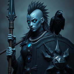 A formidable female Shadar-kai warrior with striking grey skin and luminous eyes that captivate with their glow