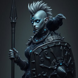 A formidable female Shadar-kai warrior with striking grey skin and luminous eyes that captivate with their glow