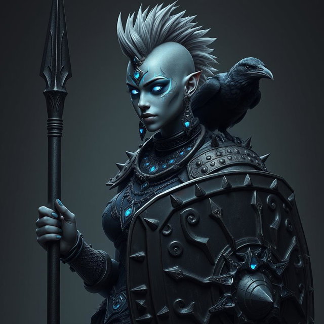 A formidable female Shadar-kai warrior with striking grey skin and luminous eyes that captivate with their glow