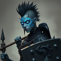 A formidable female Shadar-kai warrior with striking grey skin and luminous eyes that captivate with their glow
