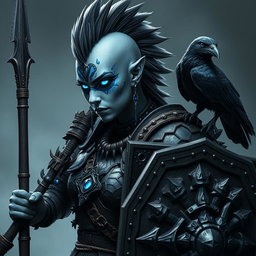 A formidable female Shadar-kai warrior with striking grey skin and luminous eyes that captivate with their glow