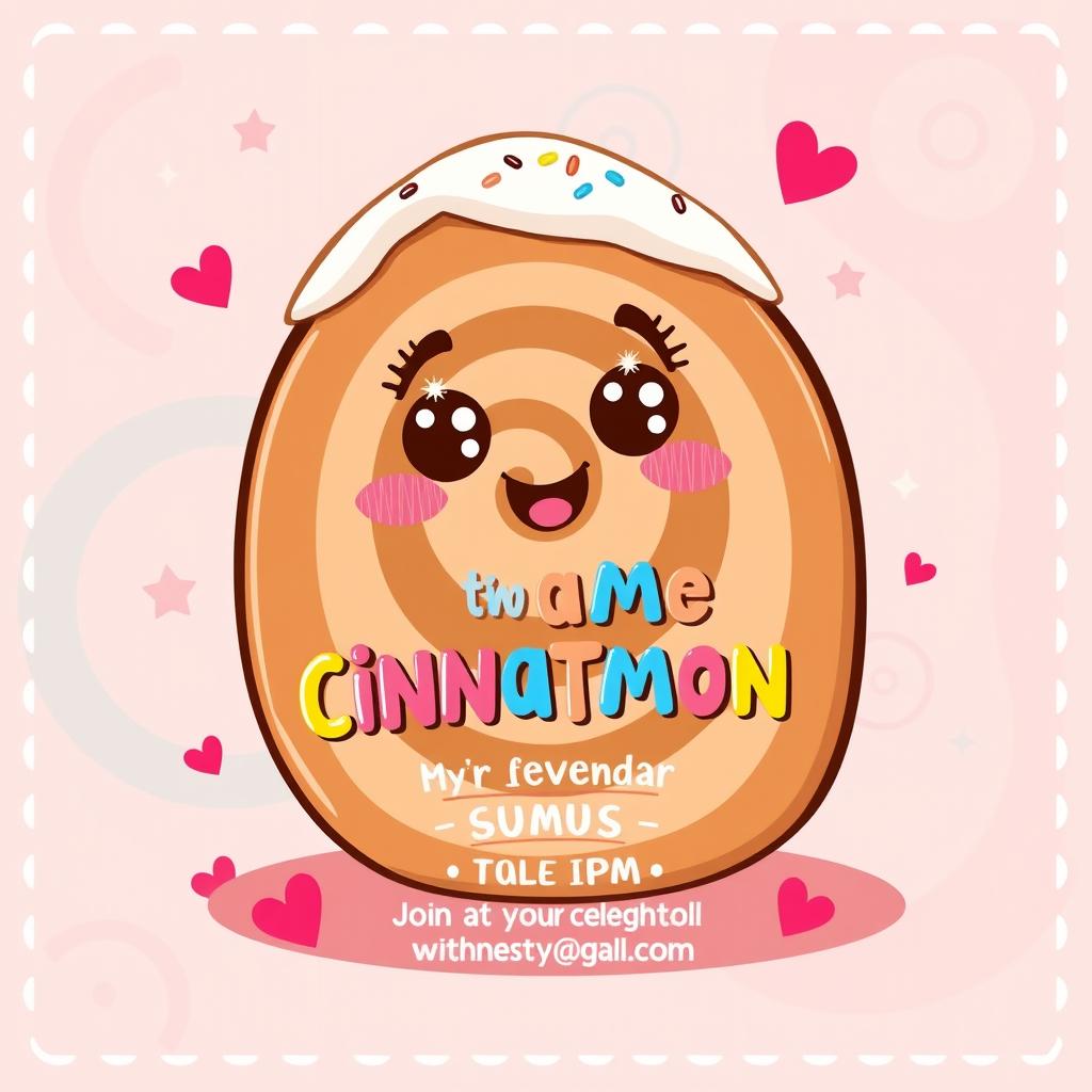 A cute and whimsical invitation card design featuring a charming cinnamon roll character
