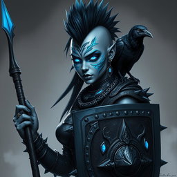 A fierce female Shadar-kai warrior with captivating grey skin and luminous eyes that glow with otherworldly power