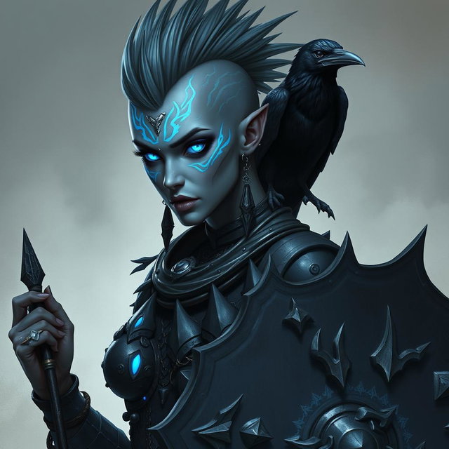 A fierce female Shadar-kai warrior with captivating grey skin and luminous eyes that glow with otherworldly power