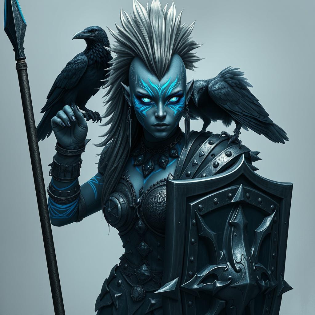 A fierce female Shadar-kai warrior with captivating grey skin and luminous eyes that glow with otherworldly power