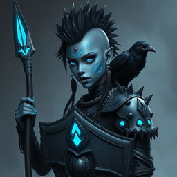A fierce female Shadar-kai warrior with captivating grey skin and luminous eyes that glow with otherworldly power