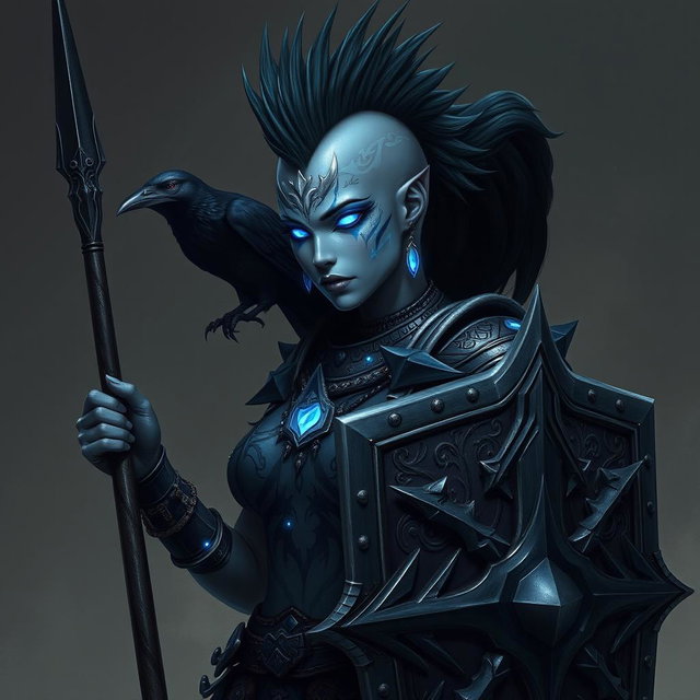 A powerful female Shadar-kai echo-knight, distinguished by her striking grey skin and luminous eyes that radiate a mystical glow