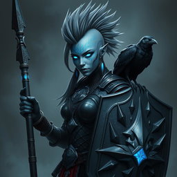 A powerful female Shadar-kai echo-knight, distinguished by her striking grey skin and luminous eyes that radiate a mystical glow