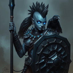A powerful female Shadar-kai echo-knight, distinguished by her striking grey skin and luminous eyes that radiate a mystical glow