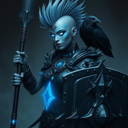 A powerful female Shadar-kai echo-knight, distinguished by her striking grey skin and luminous eyes that radiate a mystical glow