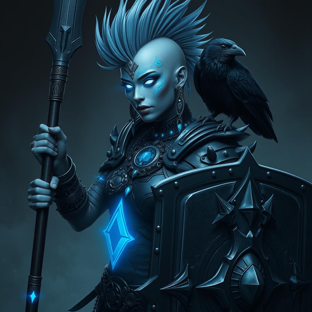 A powerful female Shadar-kai echo-knight, distinguished by her striking grey skin and luminous eyes that radiate a mystical glow