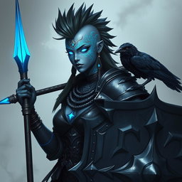 A striking female Shadar-kai echo-knight with mesmerizing grey skin and luminous glowing eyes that reflect her mystical heritage