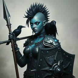 A striking female Shadar-kai echo-knight with mesmerizing grey skin and luminous glowing eyes that reflect her mystical heritage