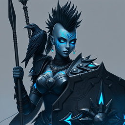 A striking female Shadar-kai echo-knight with mesmerizing grey skin and luminous glowing eyes that reflect her mystical heritage