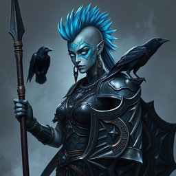 A striking female Shadar-kai echo-knight with mesmerizing grey skin and luminous glowing eyes that reflect her mystical heritage