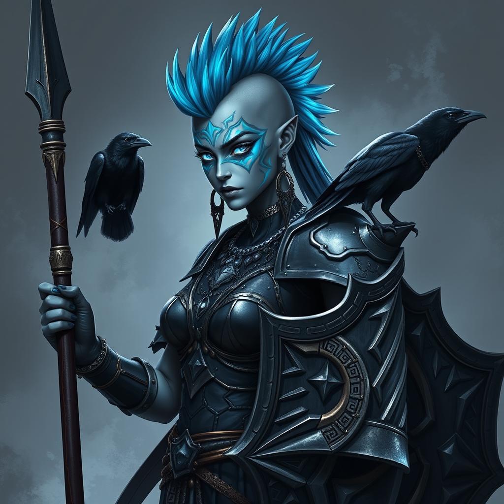 A striking female Shadar-kai echo-knight with mesmerizing grey skin and luminous glowing eyes that reflect her mystical heritage