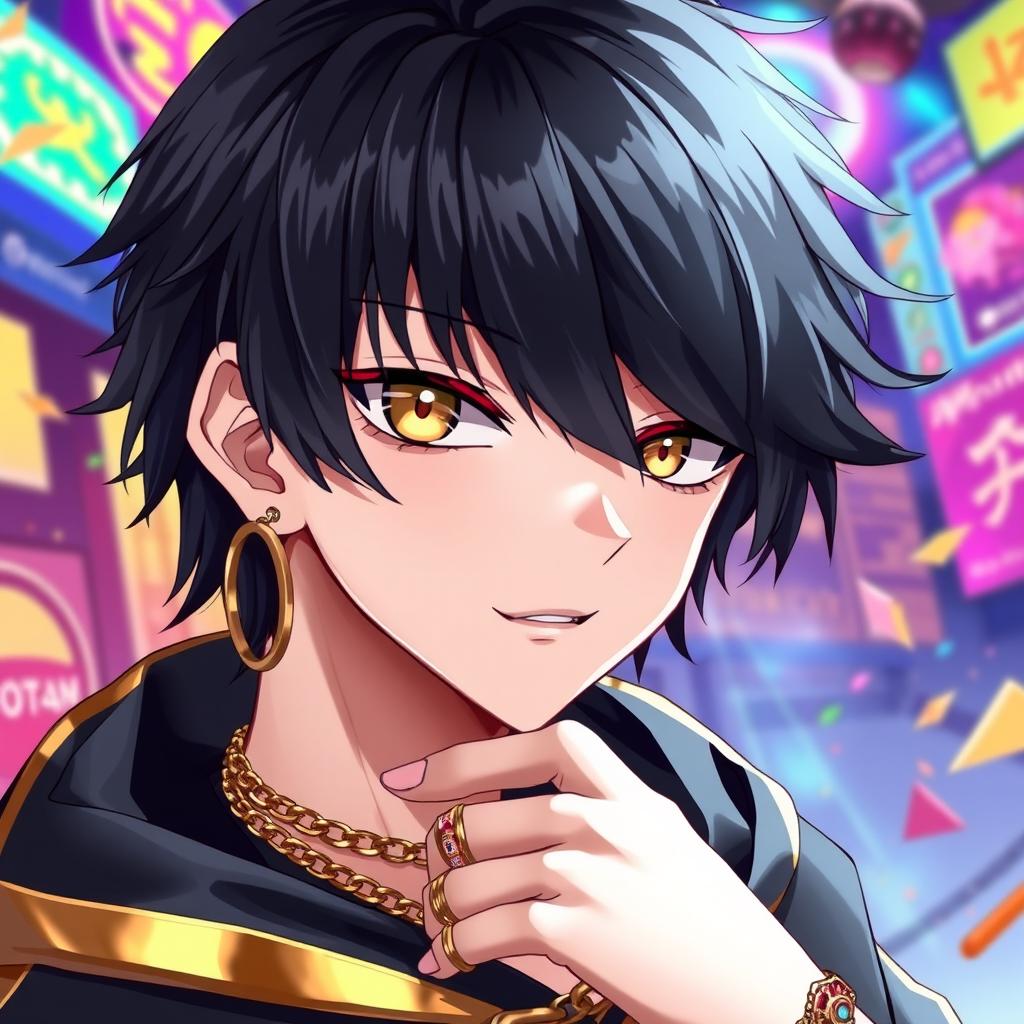A tall emo male character in anime style, featuring medium-length black hair that covers one eye