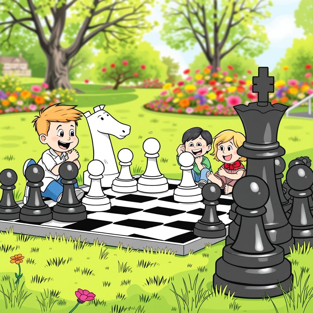 A whimsical scene featuring children playing chess with a large black and white chessboard