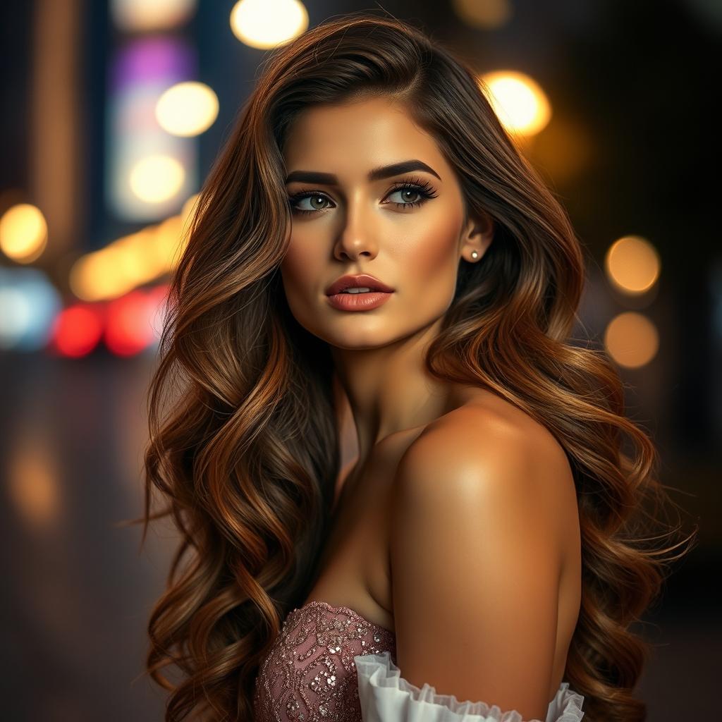A stunning woman with a wavy hairstyle, beautifully styled and flowing elegantly