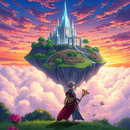 A vibrant anime-style illustration featuring a fantasy landscape with a floating island surrounded by clouds