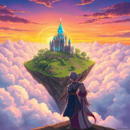 A vibrant anime-style illustration featuring a fantasy landscape with a floating island surrounded by clouds