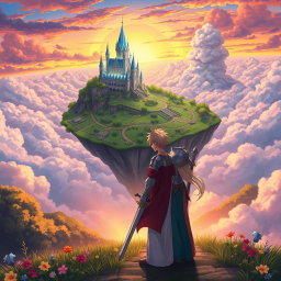 A vibrant anime-style illustration featuring a fantasy landscape with a floating island surrounded by clouds