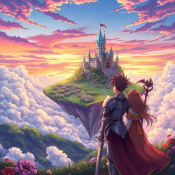 A vibrant anime-style illustration featuring a fantasy landscape with a floating island surrounded by clouds