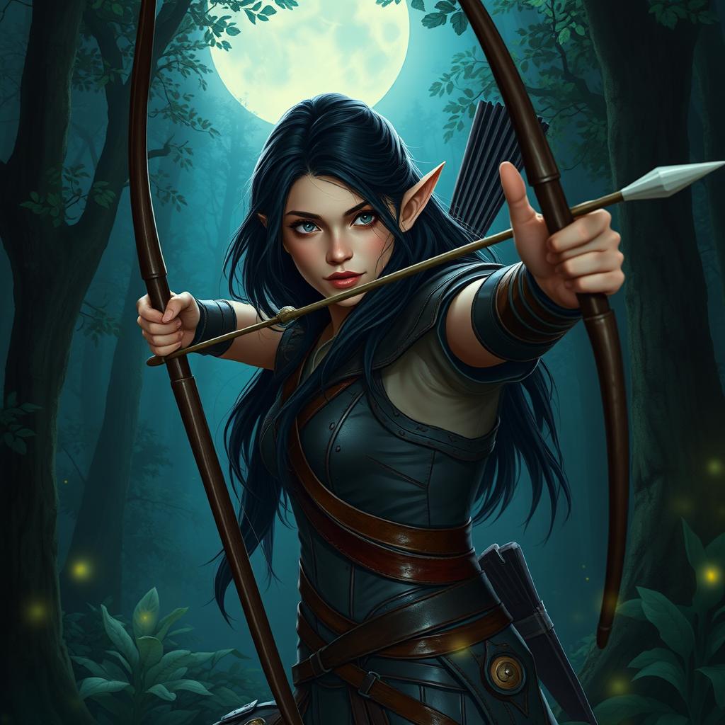 A female half-elf archer with long, flowing dark hair, skillfully aiming her bow while positioned quietly in a lush forest at night