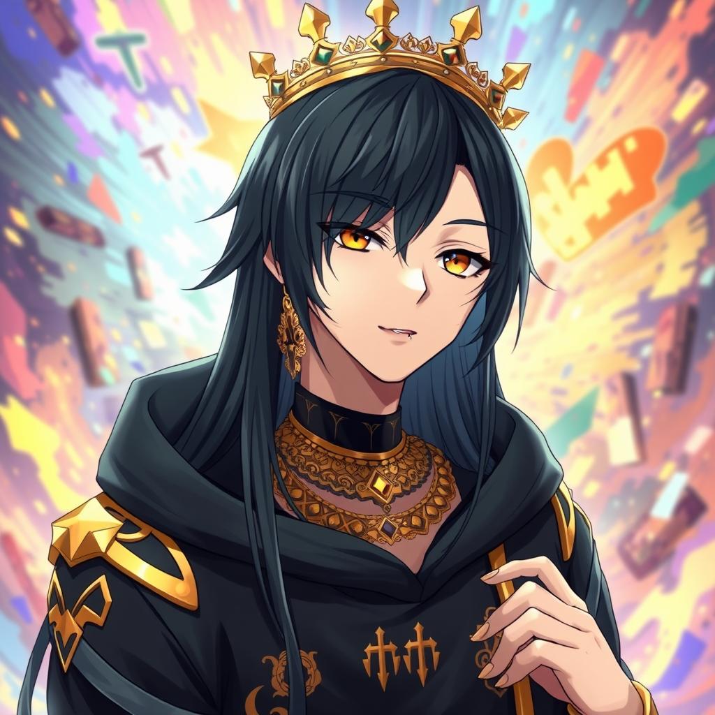 A tall emo male character in anime style, featuring long black hair that dramatically covers one eye